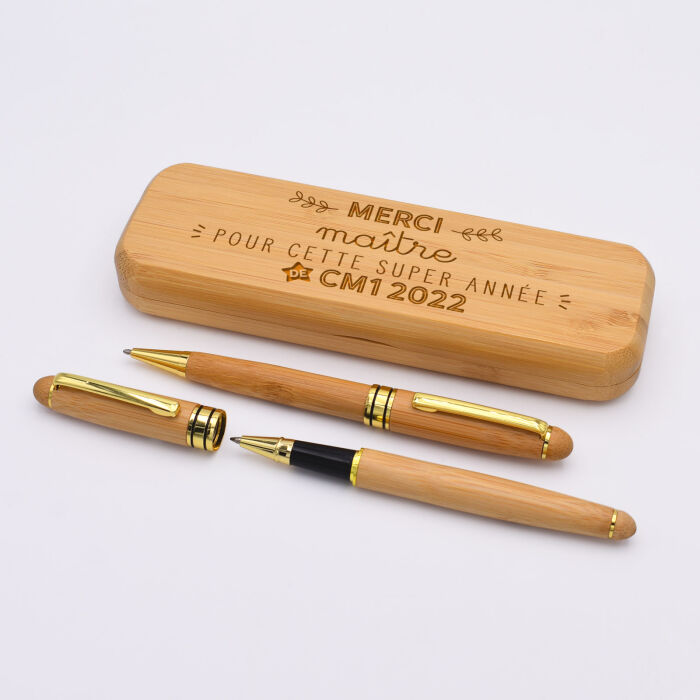 Coffret bambou Merci Maître et 2 stylos gravés - édition limitée pré-personnalisée