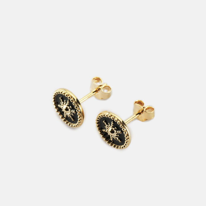 Boucles d'oreilles émail noir soleil plaqué or