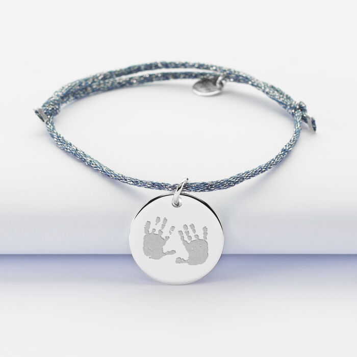 Sparkly cord bracelet with personalised engraved silver medallion 19 mm imprints