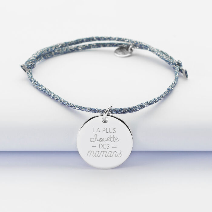 Sparkly cord bracelet with personalised engraved silver medallion 19 mm illustration