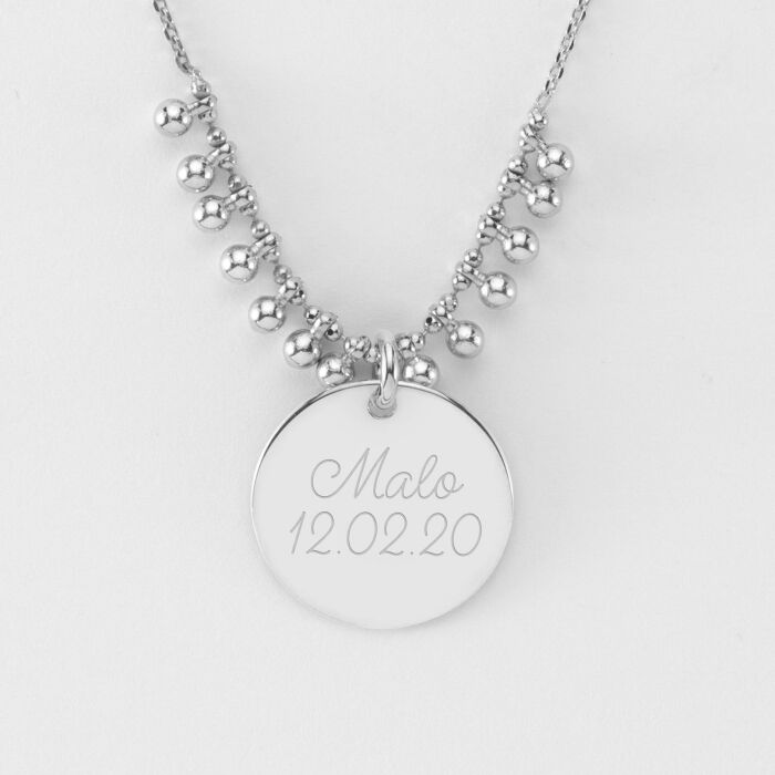 Collier chaîne boules personnalisé médaille gravée argent 19 mm