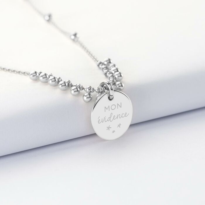 Collier chaîne boules personnalisé médaille gravée argent 15 mm