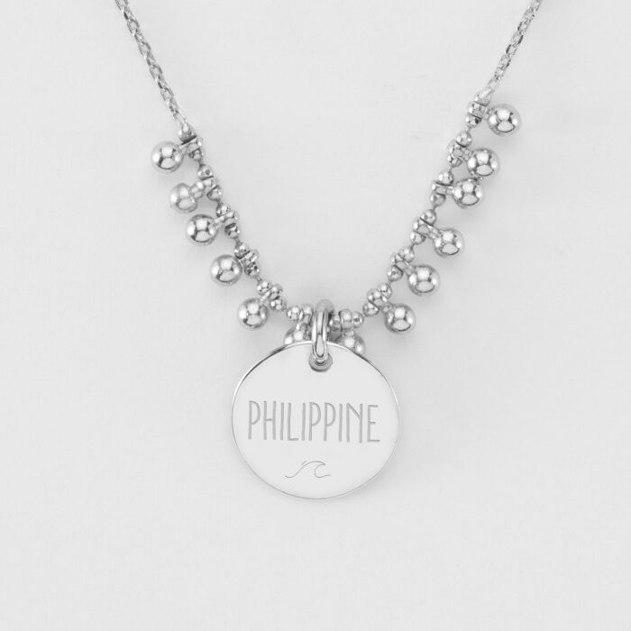 Collier chaîne boules personnalisé médaille gravée argent 15 mm