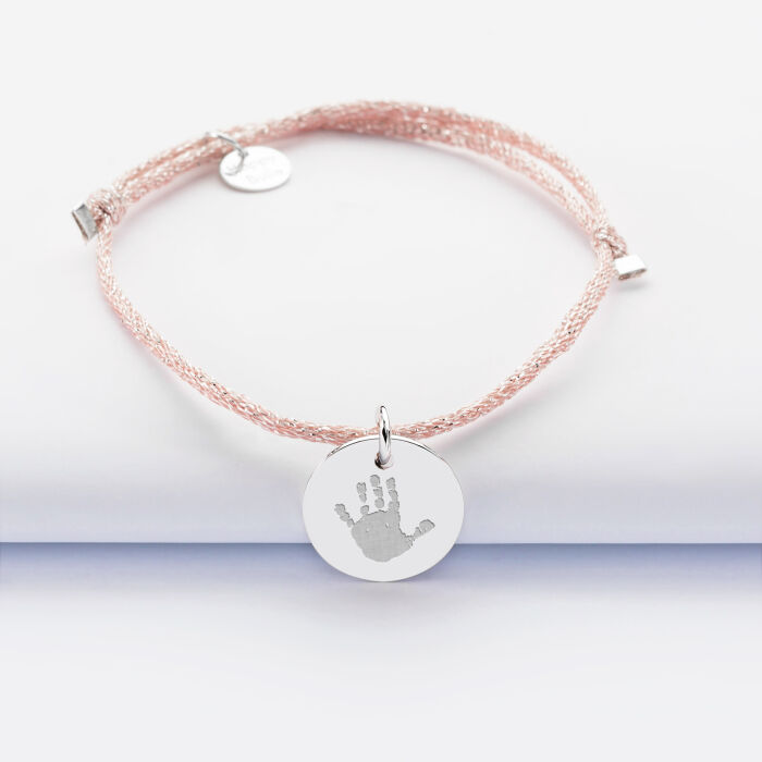 Bracelet personnalisé cordon pailleté médaille gravée argent 15 mm - empreinte