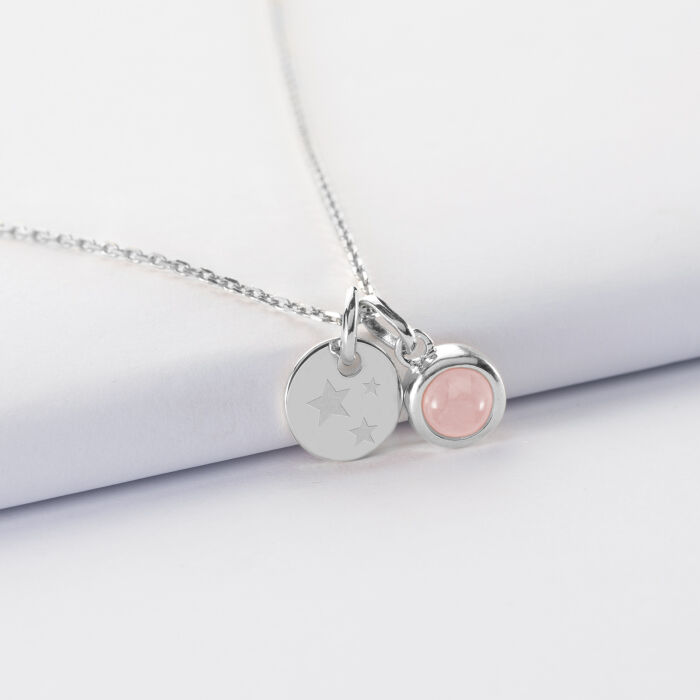 Pendentif personnalisé médaille gravée argent 10 mm et breloque pierre naturelle 8 mm