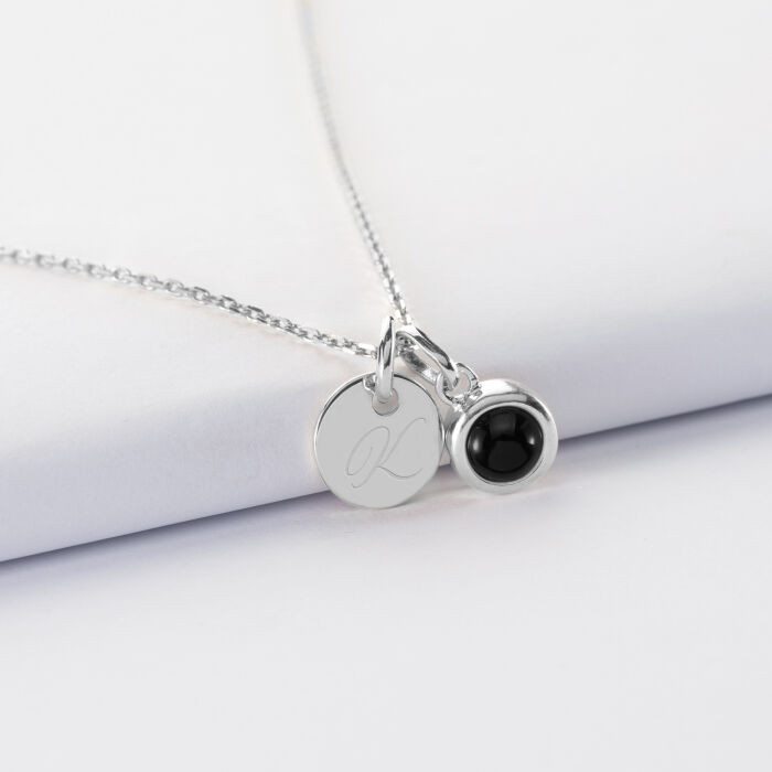 Pendentif personnalisé médaille gravée argent 10 mm et breloque pierre naturelle 8 mm
