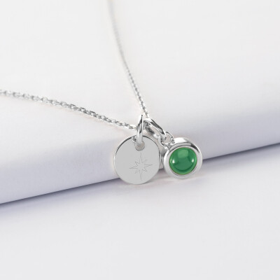 Pendentif personnalisé médaille gravée argent 10 mm et breloque pierre naturelle 8 mm
