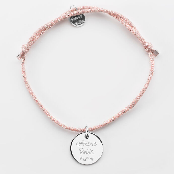Bracelet personnalisé cordon pailleté médaille gravée argent 15 mm - prénoms