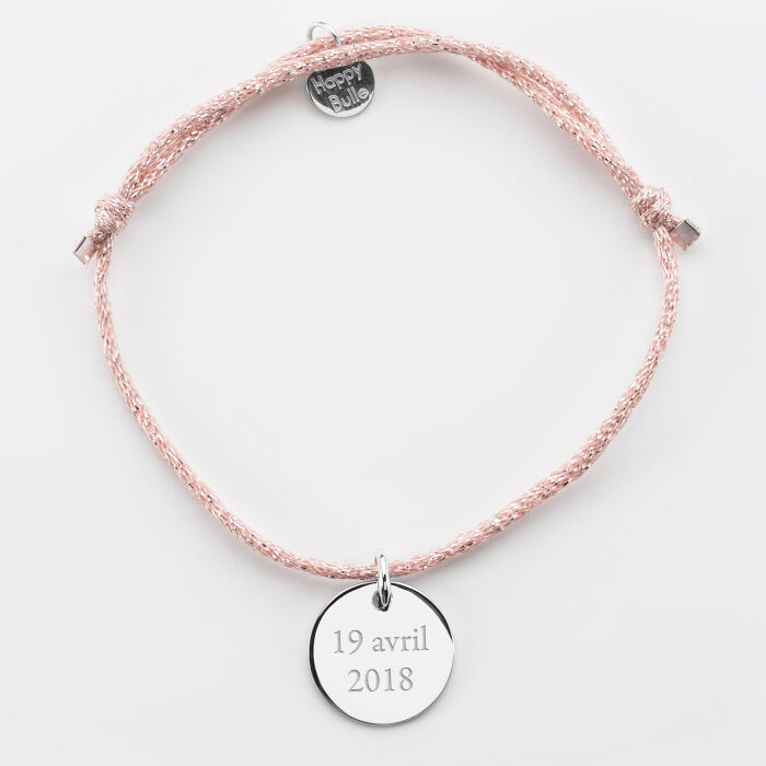 Bracelet personnalisé cordon pailleté médaille gravée argent 15 mm - texte