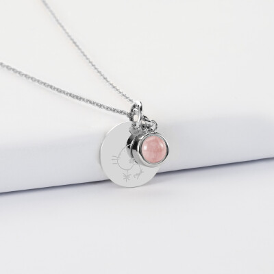 Pendentif personnalisé médaille gravée argent 15 mm et breloque pierre naturelle 8 mm
