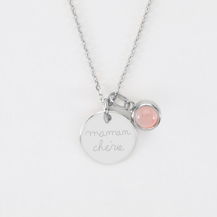 Pendentif personnalisé médaille gravée argent 15 mm et breloque pierre naturelle 8 mm