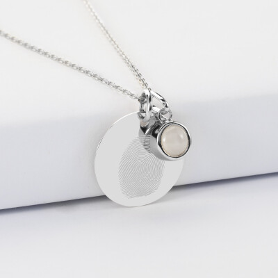 Pendentif personnalisé médaille gravée argent 19 mm et breloque pierre naturelle 8 mm