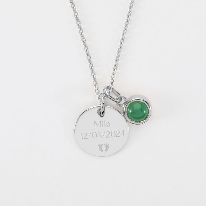 Pendentif enfant personnalisé médaille gravée argent 15 mm et breloque pierre naturelle 8 mm