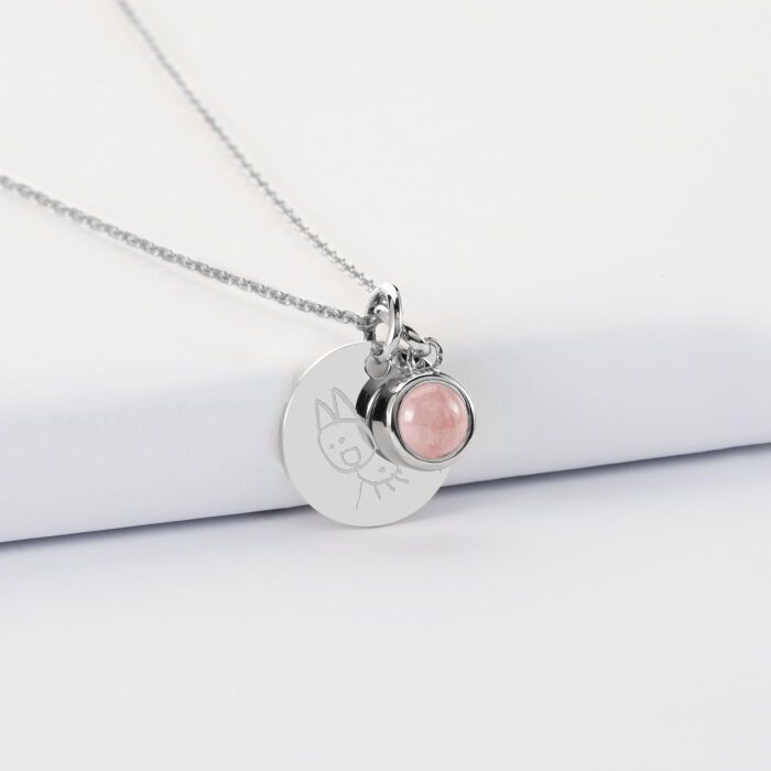 Pendentif enfant personnalisé médaille gravée argent 15 mm et breloque pierre naturelle 8 mm