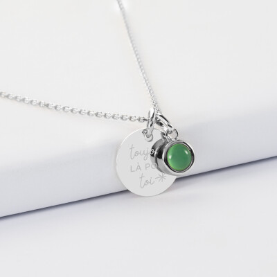 Pendentif enfant personnalisé médaille gravée argent 15 mm et breloque pierre naturelle 8 mm