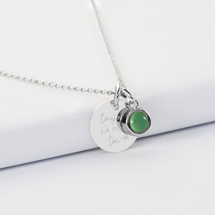 Pendentif enfant personnalisé médaille gravée argent 15 mm et breloque pierre naturelle 8 mm