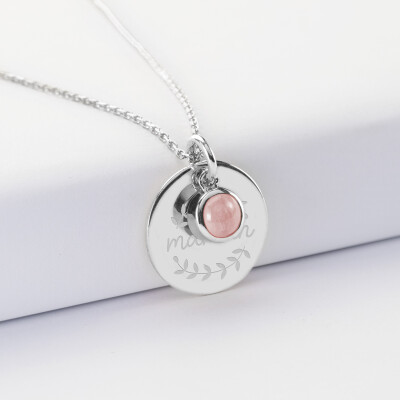 Pendentif réversible personnalisé médaille gravée argent 19 mm et breloque pierre naturelle 8 mm