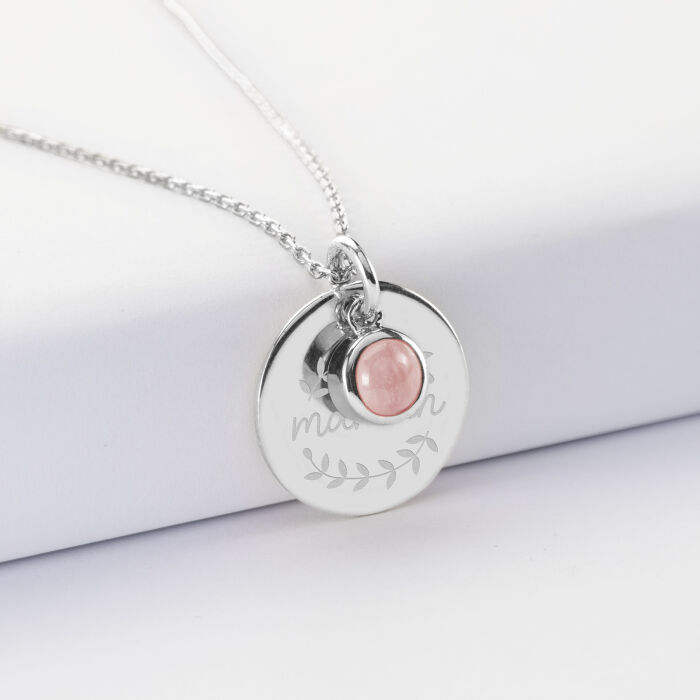 Pendentif réversible personnalisé médaille gravée argent 19 mm et breloque pierre naturelle 8 mm