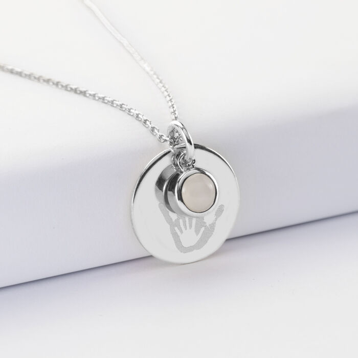 Pendentif réversible personnalisé médaille gravée argent 19 mm et breloque pierre naturelle 8 mm