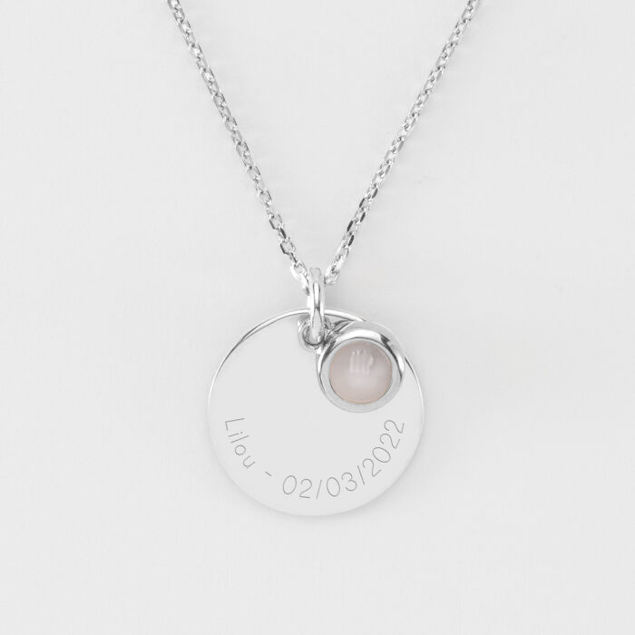 Pendentif réversible personnalisé médaille gravée argent 19 mm et breloque pierre naturelle 8 mm