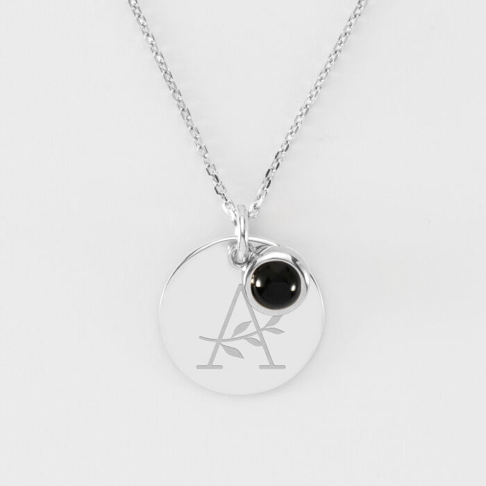 Pendentif réversible personnalisé médaille gravée argent 19 mm et breloque pierre naturelle 8 mm