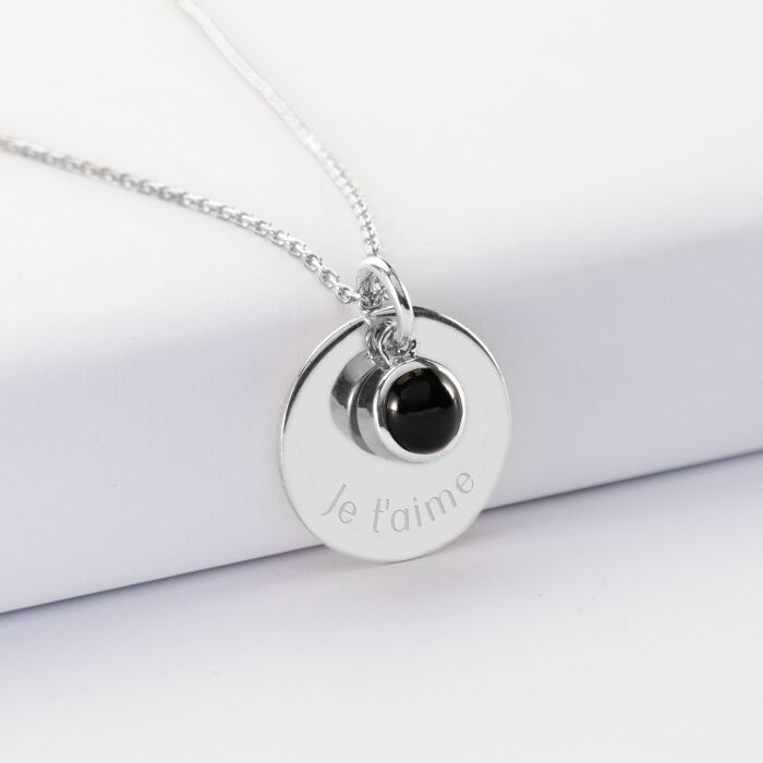 Pendentif réversible personnalisé médaille gravée argent 19 mm et breloque pierre naturelle 8 mm