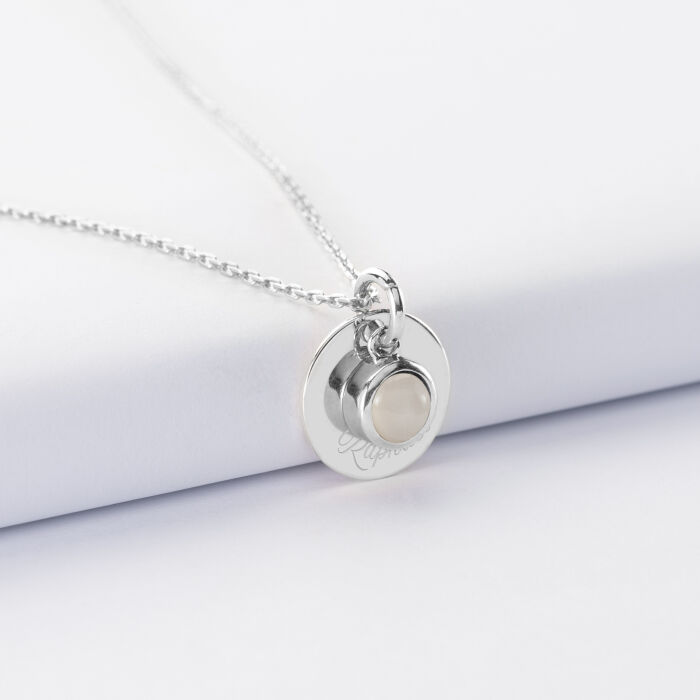 Pendentif réversible personnalisé médaille gravée argent 15 mm et breloque pierre naturelle 8 mm
