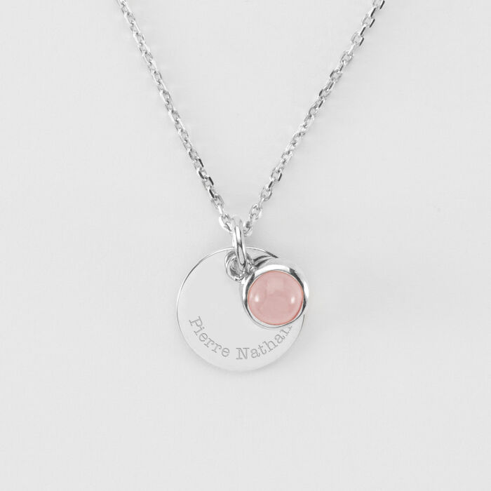 Pendentif réversible personnalisé médaille gravée argent 15 mm et breloque pierre naturelle 8 mm