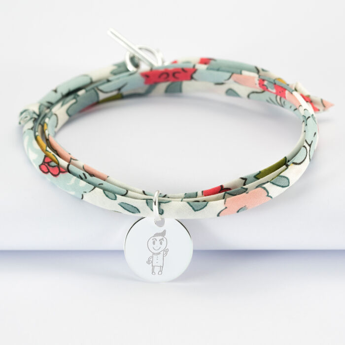 Liberty 3 turn bracelet with personalised engraved silver medallion 15 mm - sketch