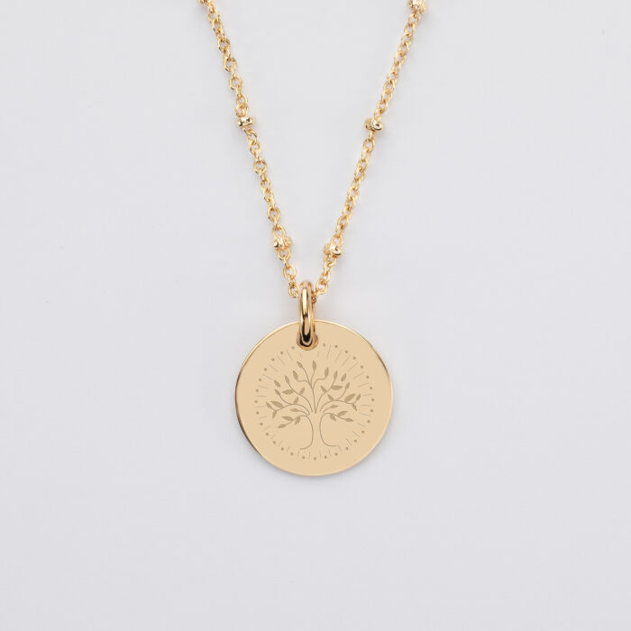 Pendentif Cérémonie enfant personnalisé médaille gravée plaqué or 15 mm - arbre de vie