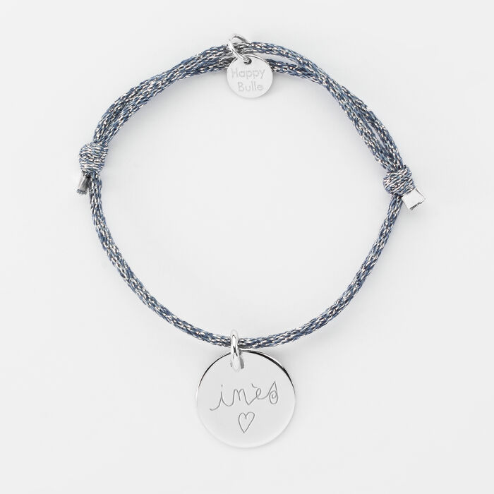 Bracelet enfant personnalisé cordon pailleté médaille gravée argent 15 mm - écrits