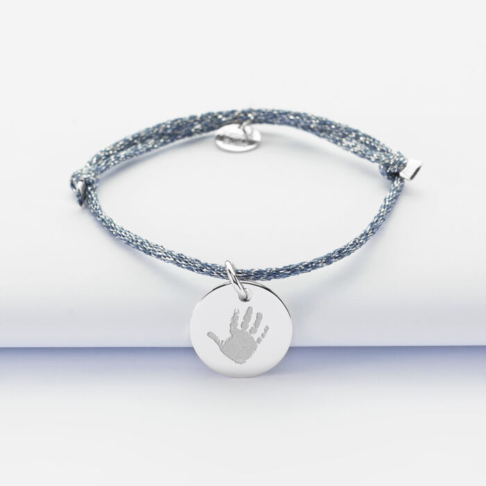 Bracelet enfant personnalisé cordon pailleté médaille gravée argent 15 mm - empreinte