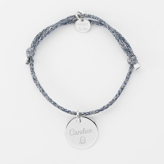 Bracelet enfant personnalisé cordon pailleté médaille gravée argent 15 mm - prénom