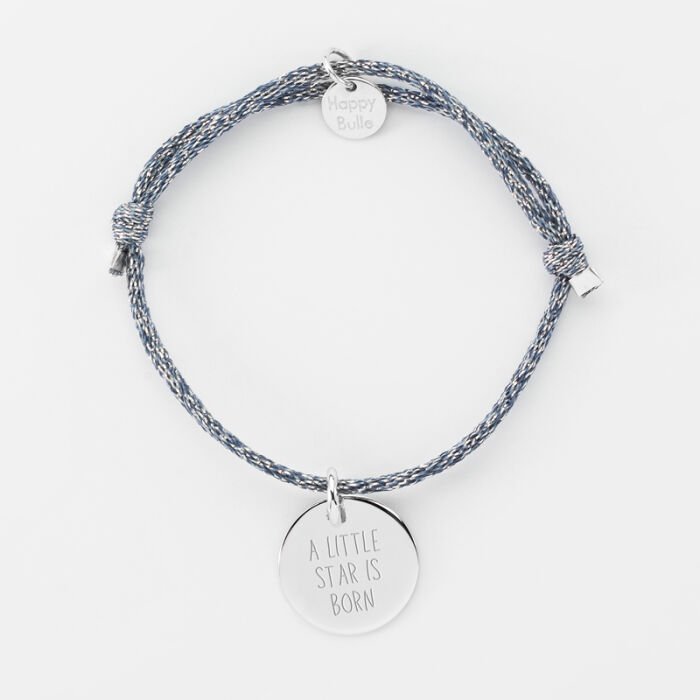 Bracelet enfant personnalisé cordon pailleté médaille gravée argent 15 mm - texte