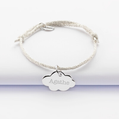 Bracelet enfant personnalisé cordon pailleté médaille gravée argent nuage 20x14 mm - prénom 1