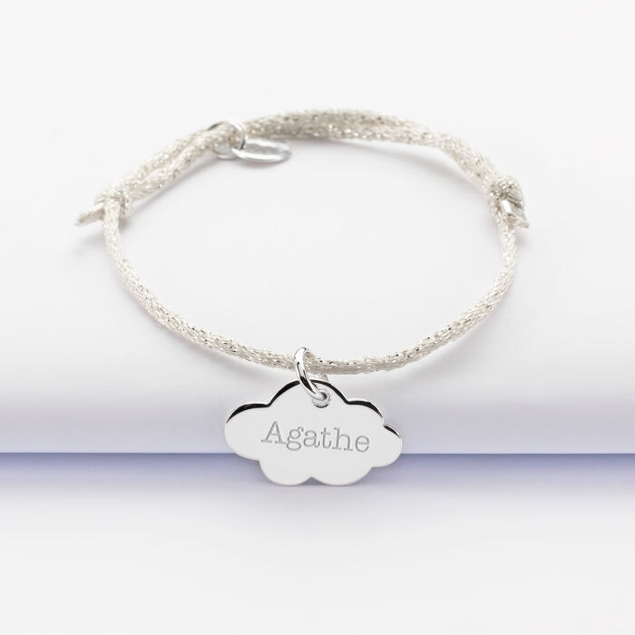 Sparkly cord children's bracelet with personalised engraved silver cloud medallion 20x14 mm - name 1