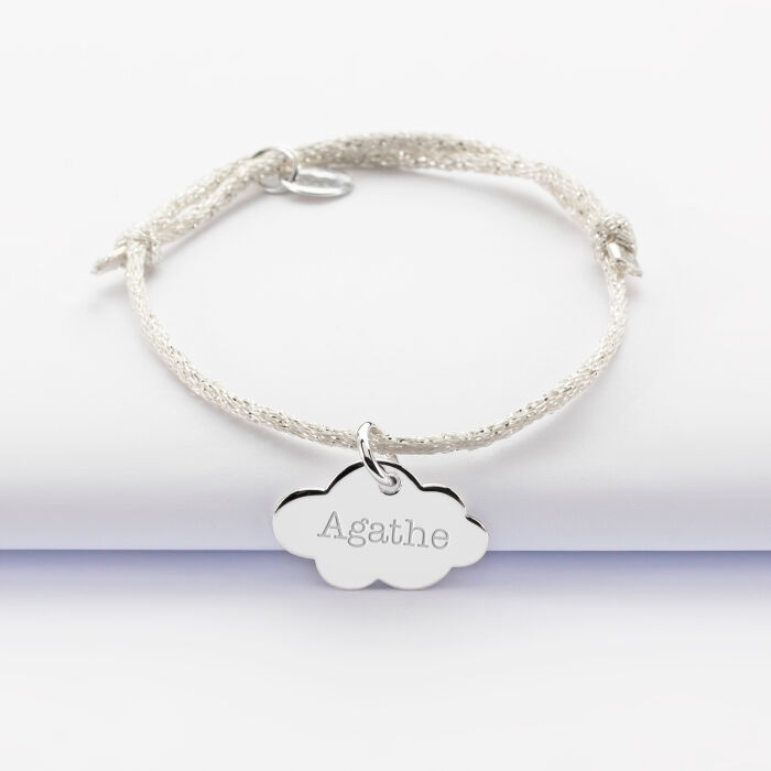 Bracelet enfant personnalisé cordon pailleté médaille gravée argent nuage 20x14 mm - prénom 1