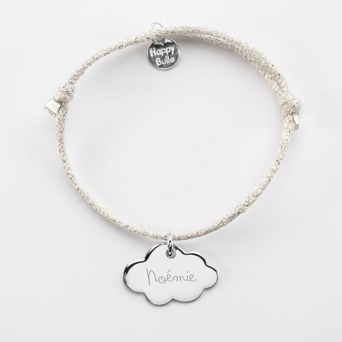Bracelet enfant personnalisé cordon pailleté médaille gravée argent nuage 20x14 mm - prénom 2