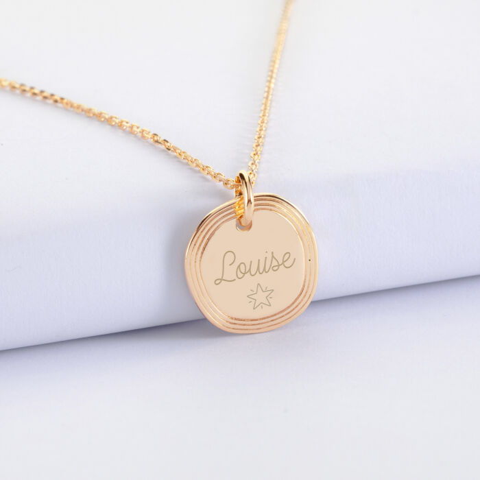 Pendentif enfant personnalisé médaille contour strié gravée plaqué or 17 mm - prénom