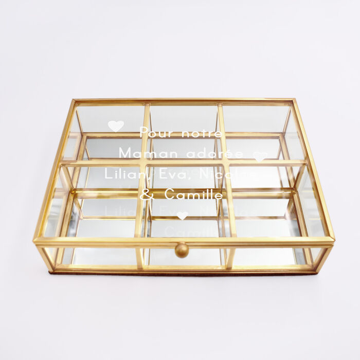 Boîte à bijoux compartiments personnalisée rectangle 16,5x12x4 cm verre gravé - texte + picto