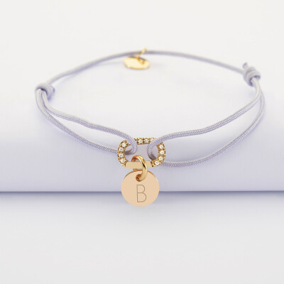 Bracelet cordon mousqueton scintillant personnalisé médaille gravée plaqué or 10 mm - B