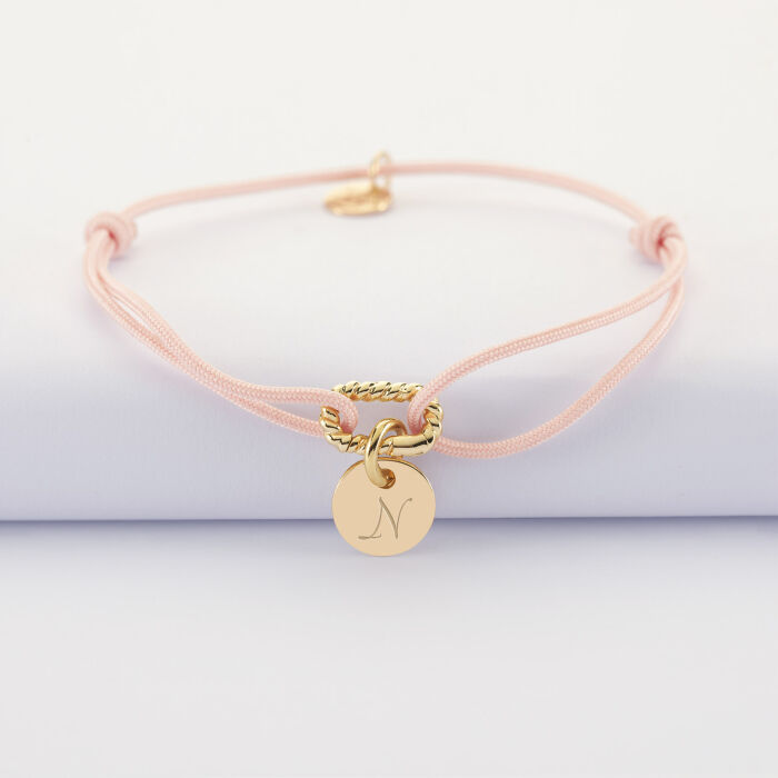 Bracelet cordon mousqueton tressé personnalisé médaille gravée plaqué or 10 mm - N