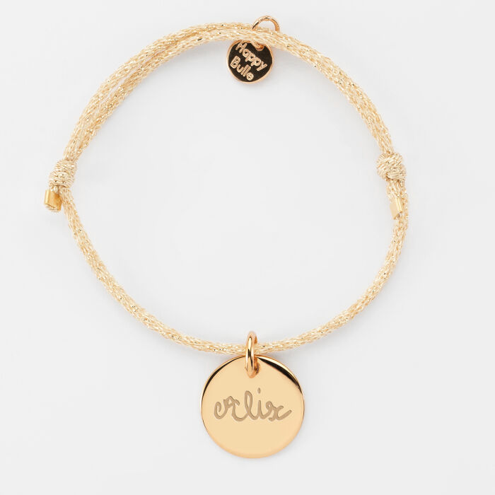 Bracelet enfant personnalisé cordon pailleté médaille gravée plaqué or 15 mm - écrits