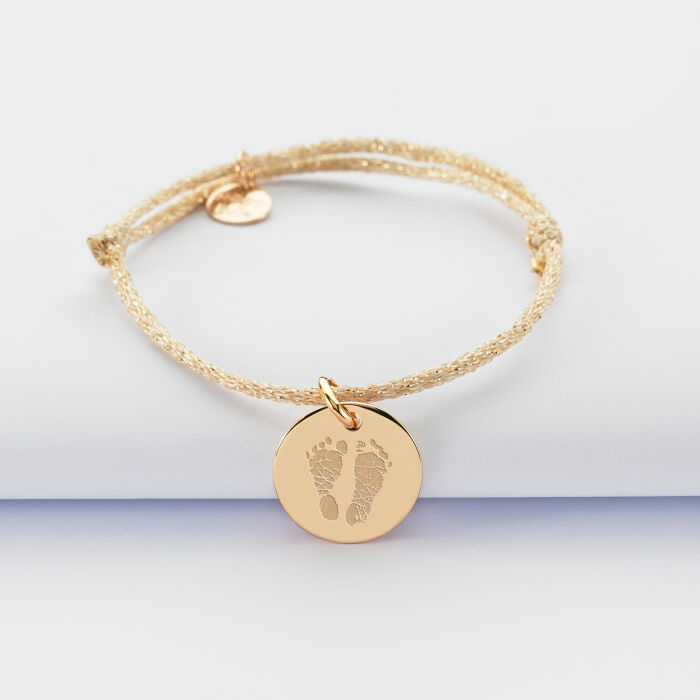 Bracelet enfant personnalisé cordon pailleté médaille gravée plaqué or 15 mm - empreintes