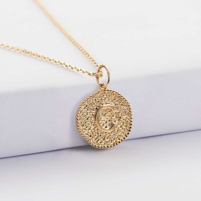 Pendentif personnalisé médaille gravée plaqué or lettre initiale 14 mm - initiale lettre C
