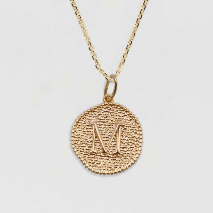 Pendentif personnalisé médaille gravée plaqué or lettre initiale 14 mm - lettre M