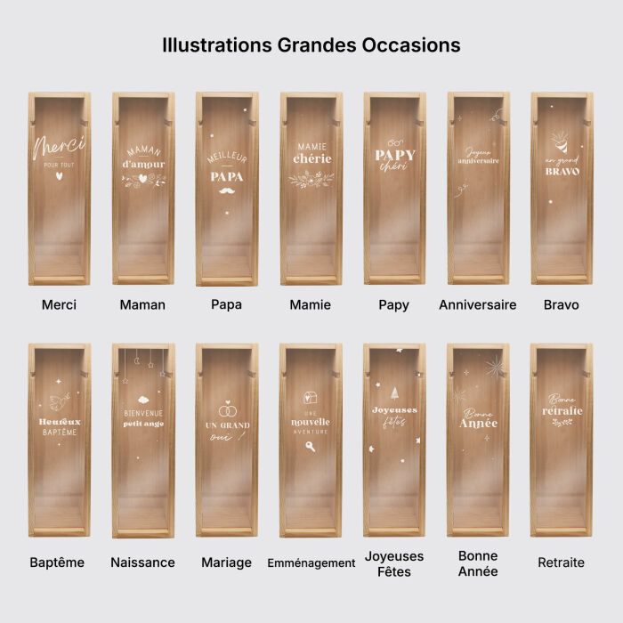 Caisse de vin bois couvercle acrylique gravé - Edition spéciale "Grandes Occasions" - Illustrations