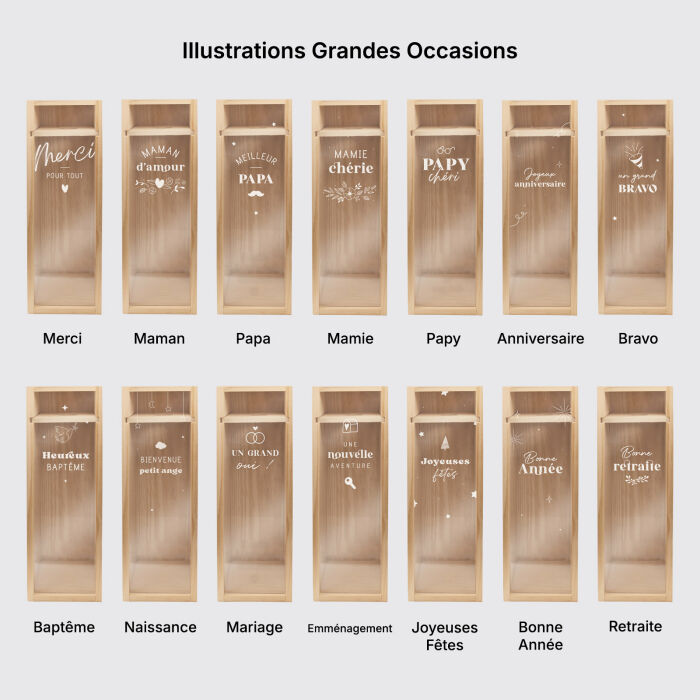 Caisse de champagne bois couvercle acrylique gravé - Edition spéciale "Grandes Occasions" - Illustrations