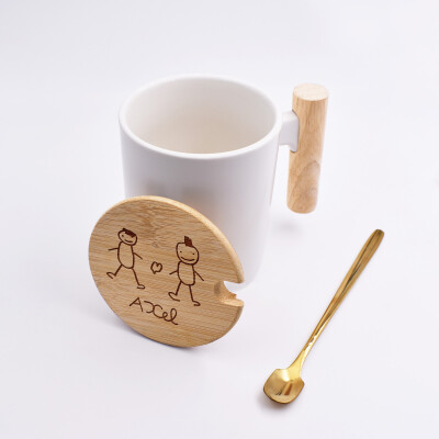Mug céramique personnalisé couvercle bois gravé - dessin