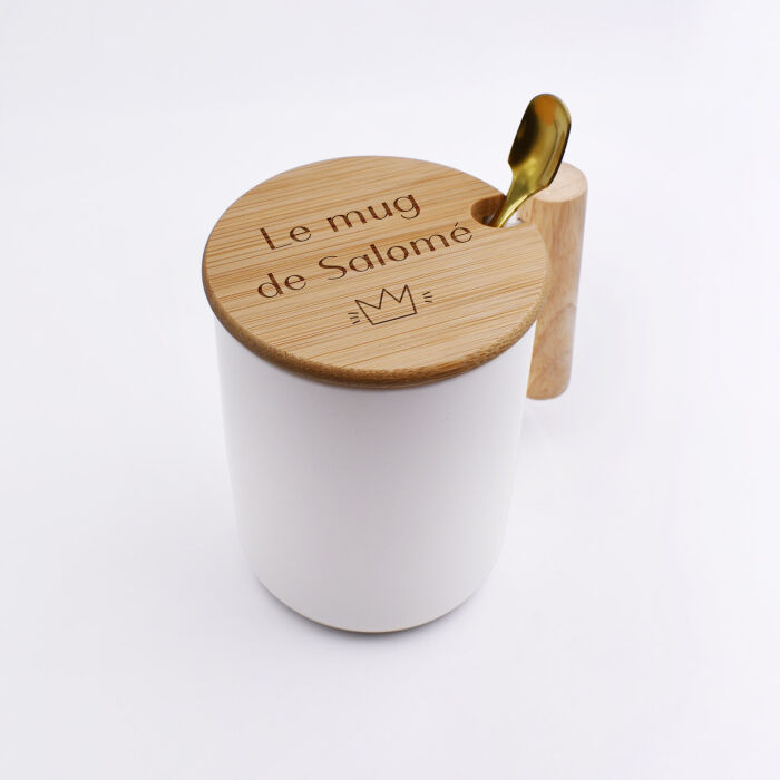 Mug céramique personnalisé couvercle bois gravé - texte pictogramme